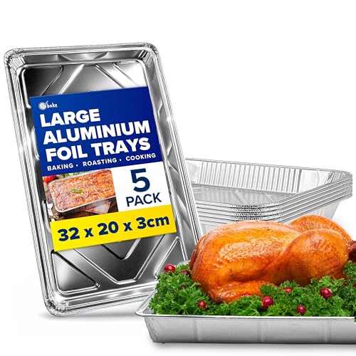 ebake Aluminium Foil Trays - 5 Pack Disposable Foil Containers (32cm x 20cm x 3cm) - Large Roasting Tin for Baking Roasting Cooking Broiling BBQ and Food Storage - Foil Baking Trays for Oven