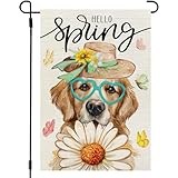 CROWNED BEAUTY Spring Garden Flag Dog Daisy Welcome 12x18 Inch Double Sided Small Seasonal Holiday Golden Retriever Floral Decoration for Outdoor Lawn Yard