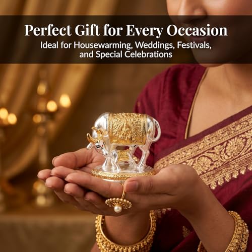 Image of 24K Gold and 999 Pure Silver Plated Kamdhenu Cow Idol - 2.5 Inch Auspicious Vastu Home Decor for Pooja Room and Mandir - Sacred Two-Tone Symbol of Prosperity and Success