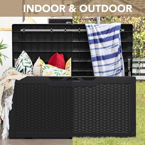 GUNJI 100 Gallon Deck Box Large Resin Outdoor Storage Box, Waterproof and UV Resistant Lockable for Outdoor, Large Storage Cabinet for Patio Furniture, Garden Tools and Pool Supplies(Frosted Black) — view 8
