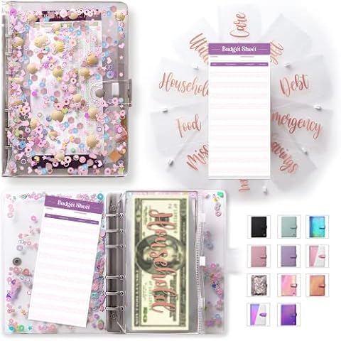 SOUL MAMA Budget Binder with Zipper Envelopes - Glitter Money Organizer for Cash, A6 Binder Cash Envelopes for Budgeting, Money Saving Binder with Rose Gold Pre-Printed Stickers Cover