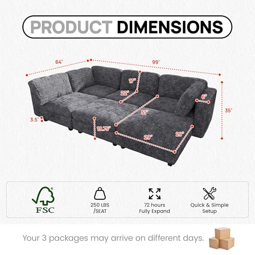 Image of 99 inch Modular Sectional Chenille Sofa bed with Hidden Storage, Comfy Modern 6 Seater Oversized Deep Seat Couch, Modular Sectional with Ottoman and Removable Cover for Living Room, Apartment, Gray