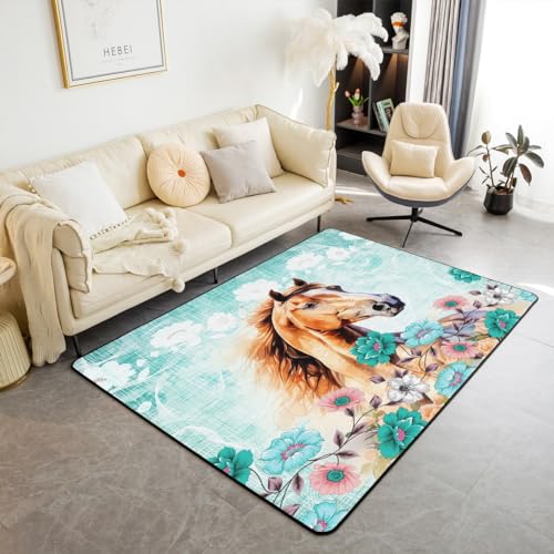 Feelyou Girls Horse Area Rug 5x7 Farmhouse Horses Floral Rugs