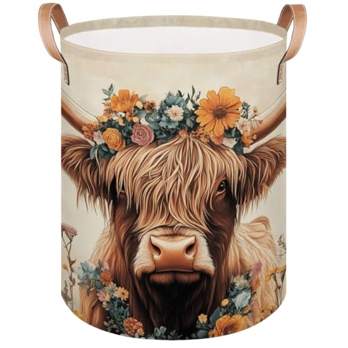 Gumuslen Highland Cattle Laundry Basket Highland Cow Sunflower Large Laundry Hamper Collapsible Organizer Basket Clothes Bin Storage Boxs for Bedroom Bathroom Dorm