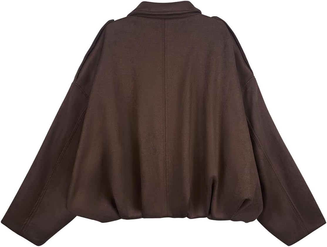 Skoinvb Womens Bomber Jacket Faux Suede Casual Cropped Pilot Coat Lapel Collar Causal Oversized Trendy Outwear - Image 4