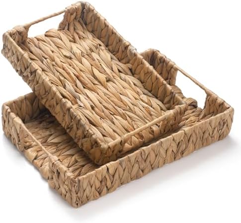2 Pack Water Hyacinth Trays with Handles, Rectangular Wicker Serv...