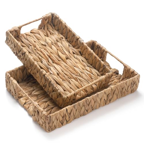 2 Pack Water Hyacinth Tray with Handles, Rectangular Wicker Serving