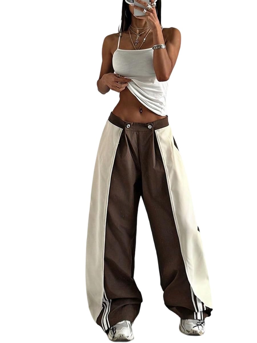 Verdusa Womens Colorblock Wide Leg Baggy Pants Sport Workout Loose Long Trousers