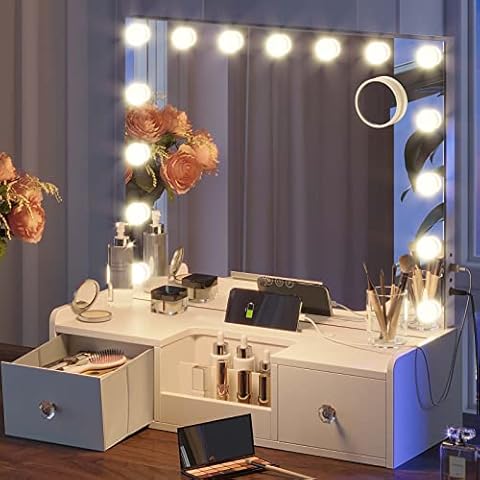 Greenstell Makeup Mirror with Lights & Storage Function, Vanity Mirror with 15 Large LED Bulbs Wall Mounted Hollywood Mirror 10X Magnification,3 Color Adjustable Lights,24.41" *23.82" *9.25",White Cover