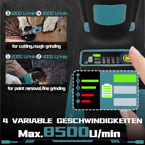 Accu-haakse slijper voor Makita 18V, 8500 omw/min, compacte professionele slijper, 4 variabele snelheden, 125 mm slijpschijf met slijpsleutel voor slijpen, snijden en polijsten (zonder accu) - Afbeelding 5