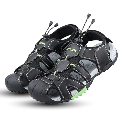 Image of FUEL Warrior Men's Fisherman Sandals - Comfortable, Breathable & Flexible Outdoor Sandals with Protective Toe, Anti-Skid Sole - Stylish Casual Beach & Sports Footwear (Black-P-Green)
