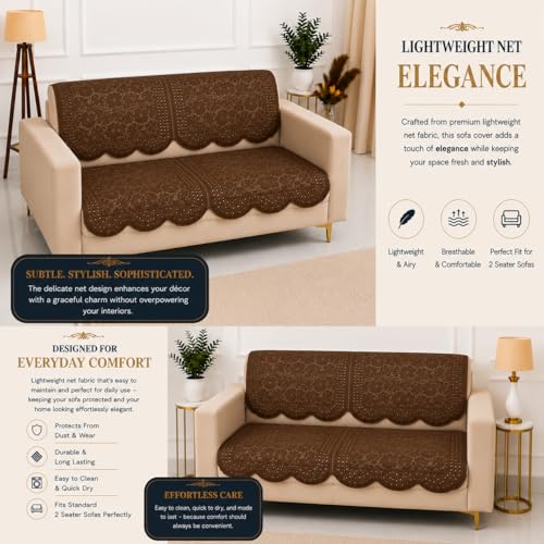 Image of Homerz Premium 'Surya Series' Sofa Cover | Stylish Sofa Protector | Net Fabric | Anti-Stain & Washable Slip Cover Exact Size Antislip (Flower Valley Brown, 2 Seater, Seat Cover with Backrest)