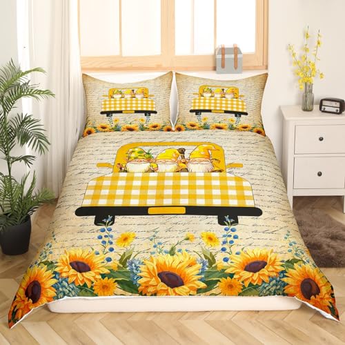 Erosebridal Spring Gnome Duvet Cover Queen Sweet Honey Bees Truck Loads Gnomes Bedding Set for Teens Youth Rustic Sunflowern Daisy Comforter Cover Vintage Flowers Bed Cover with 2 Pillow Shams