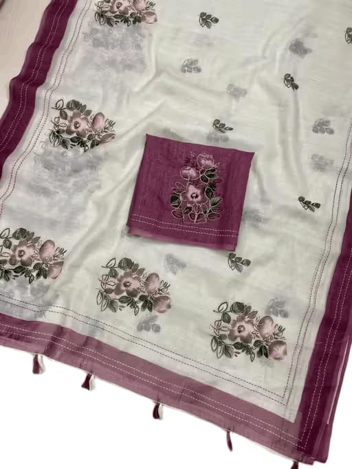 Cotton Linen Digital Print Saree with Zari Border, Multicolour Floral Design, Festive and Office Wear (N)-picture-25