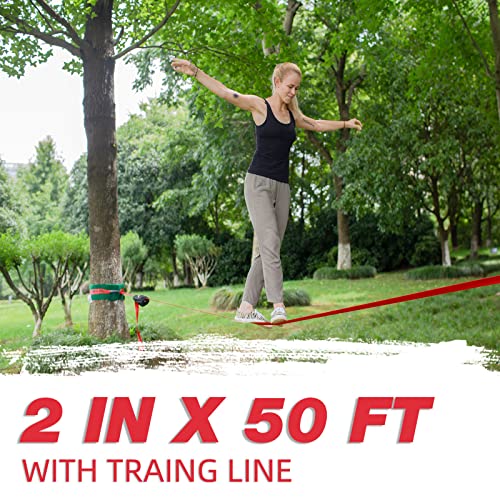 Autofonder 50Ft Slackline Kit-250Lbs Weight Capacity For Adults Children Beginners-Perfect Slack Line With Tree Protectors Ratchet Cover Carry Bag And Instructions Backyard Camping #TOP5