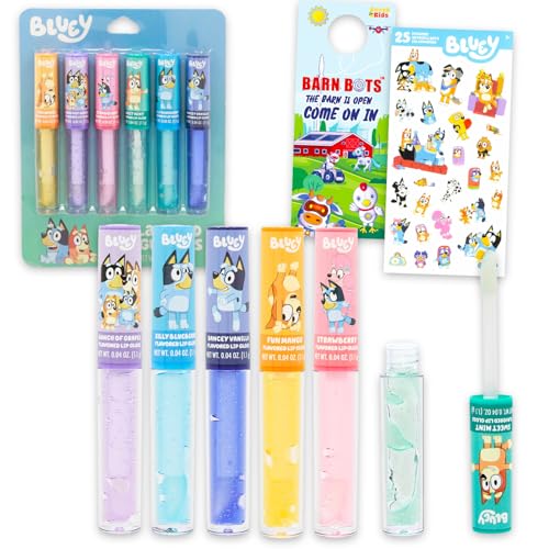 Bluey Lip Gloss Bundle for Girls 6 Pack of Glosses for Lips in Assorted Flavors Plus Stickers More | Bluey Party Favors for Kids