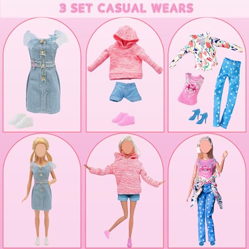 11 Pcs Doll Clothes and Accessories Compatible with Barbie, 1 Houndstooth Suit 1 Denim Skirt Set 1 Dress 1 Sweatshirt Set 1 Fashion Sweater 1 Casual Set 5 Shoes In Random, for Girls - Image 2