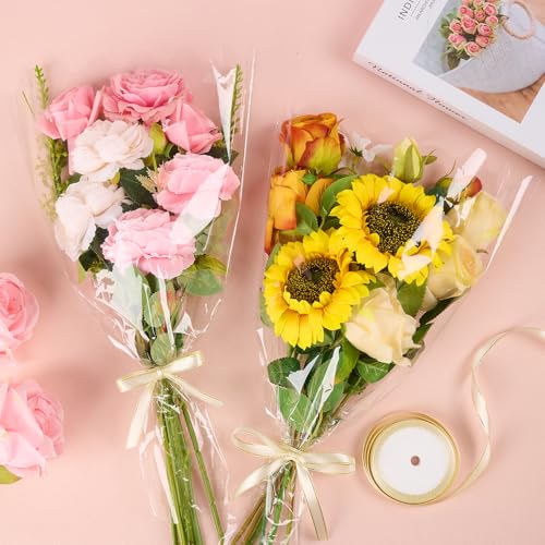 Mauproy 100 Pack Clear Flower Bags for Bouquets, Cellophane Floral Bouquet Sleeves with Wave Edges and Ribbons for Mother's Day Wedding Florist Supplies (18 x 12 Inches) by Mauproy - Image 4