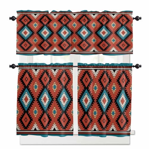 Aztec Southwest Kitchen Curtains 36 Inch Length, 3 Piece Rod Pocket Small Half Tiers and Valance Set, Red Black Geometric Classic Art Small Large Window Treatment Decor for Bedroom/Bathroom Sink