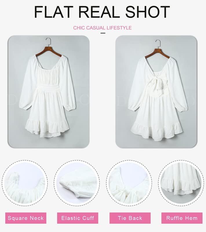 Dokotoo Womens Dress Long Lantern Sleeve Square Neck Tie Backless Sexy Dress Ruffle Elastic Waist A-Line Mini Dress - Image 4