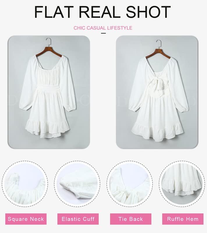 Image of Dokotoo Womens Dress Long Lantern Sleeve Square Neck Tie Backless Sexy Dress Ruffle Elastic Waist A-Line Mini Dress