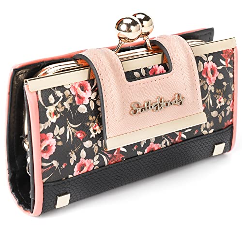 Damen Geldbörse Veganes Leder große Kapazität Clutch Mit 10-Kartenfächern und ID-Fenster, Blume Elegant Abendtasche Tasche mit Schnalle in der Mitte