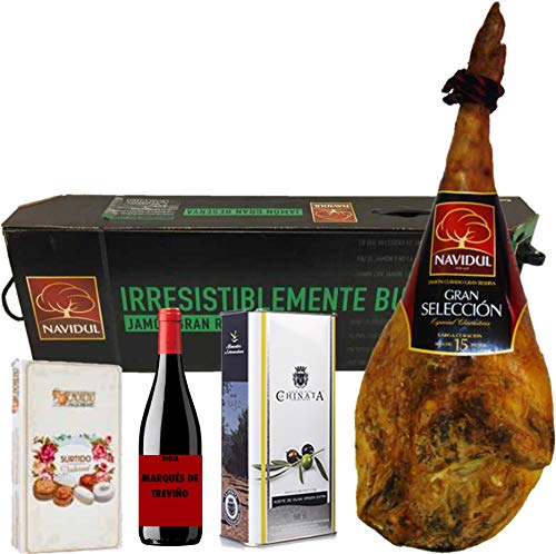 Cesta de Navidad con Jamón Reserva Gran Selección Navidul, Aceite de Oliva Virgen Extra, Caja de Dulces Navideños y Vino Rioja Marqués de Treviño.