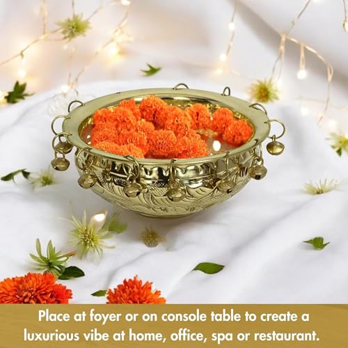 Image of Decorative Brass Urli Bowl with Bells | Traditional Indian Flower Bowl for Floating Diyas & Marigolds | Antique Gold Finish for Festive Decor (6 inch) (6 inch)