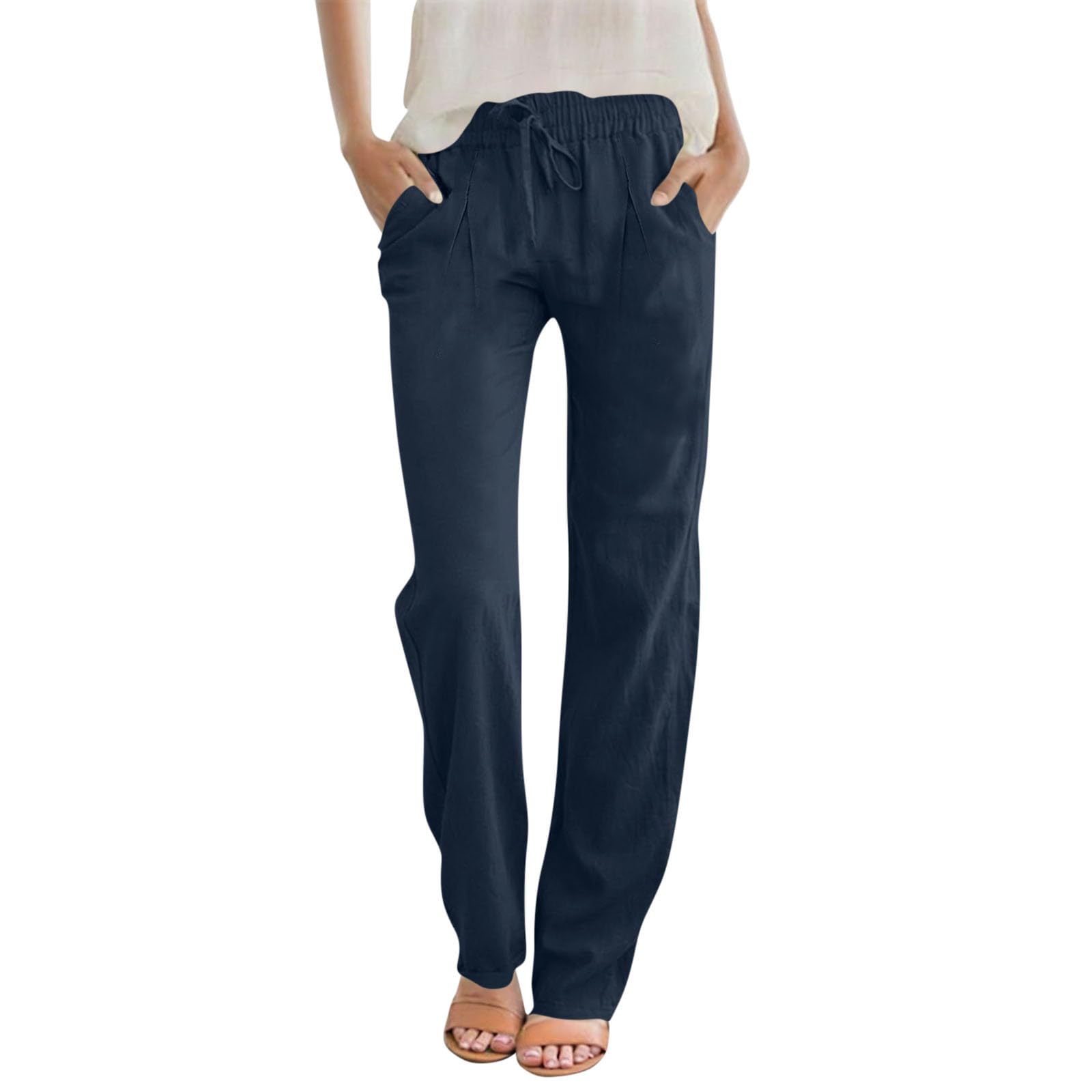 LRMQS Summer Cotton Linen Pants for Women 2026 Casual Drawstring Elastic Waist Trendy Trousers with Pockets Beach Clothes