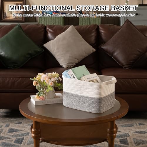 OIAHOMY Woven Storage Basket for Shelves, Rectangle Cotton Rope Baskets for Organizing, 13 x 10 x 9 in, Storage Bins for Dog Toys,Towel,Books,Gift,Grey and White - Image 7