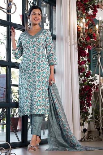 Image of MIRCHI FASHION Women's Straight Fit Pure Cotton Jaipuri Floral Printed Sequins Thread Work Kurta Set with Dupatta and Trouser