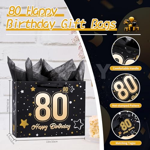 Image of Powbrace 13 inch Black 80th Birthday Gift Bag with Tissue Paper and Greeting Card for Party,Happy Birthday Gift Bag for Men Women,Gift Bags Medium size(1 Black 80th)