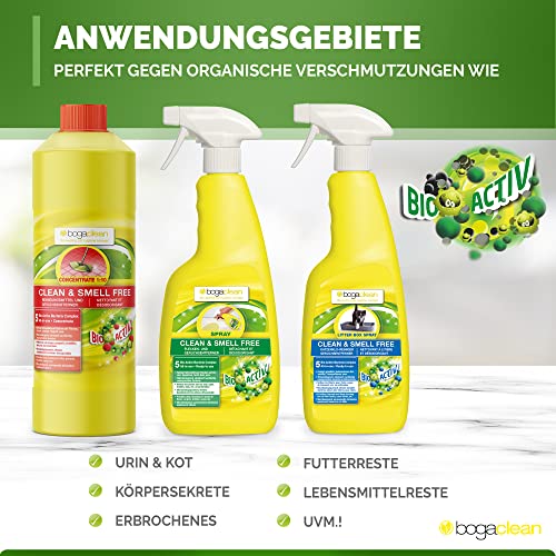 Bogaclean Clean & Smell Free Spray - Geruchsentferner & Fleckenentferner - 750 ml - Mikrobiologischer Geruchsneutralisierer & Enzymreiniger