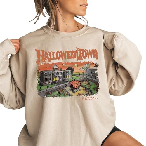 Merrvey Vintage Halloweentown Crewneck Sweatshirt Halloween Town Est. 1998 Retro Sweater Sand Color