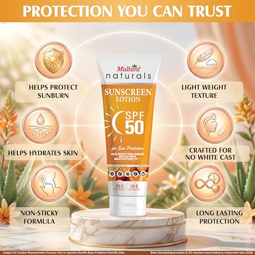 Image of Multani Natural Sunscreen SPF 50 PA++++ Pack of 3 (100ml) | Lightweight & Non-Greasy | No White Cast | Broad Spectrum & UV Protection UVA /UVB | Clinically Tested | For All Skin Types | For Men & Women