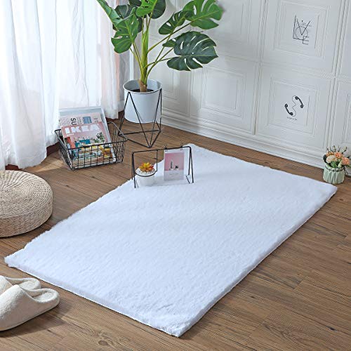 YIHAIC Alfombra de Piel de Oveja,Antideslizante Alfombra De Piel De Conejo Artificial,con Adecuada para Alfombra de Sala de Estar,tapete para Cama,Dormitorio,sofá (Blanco, 75x120cm)
