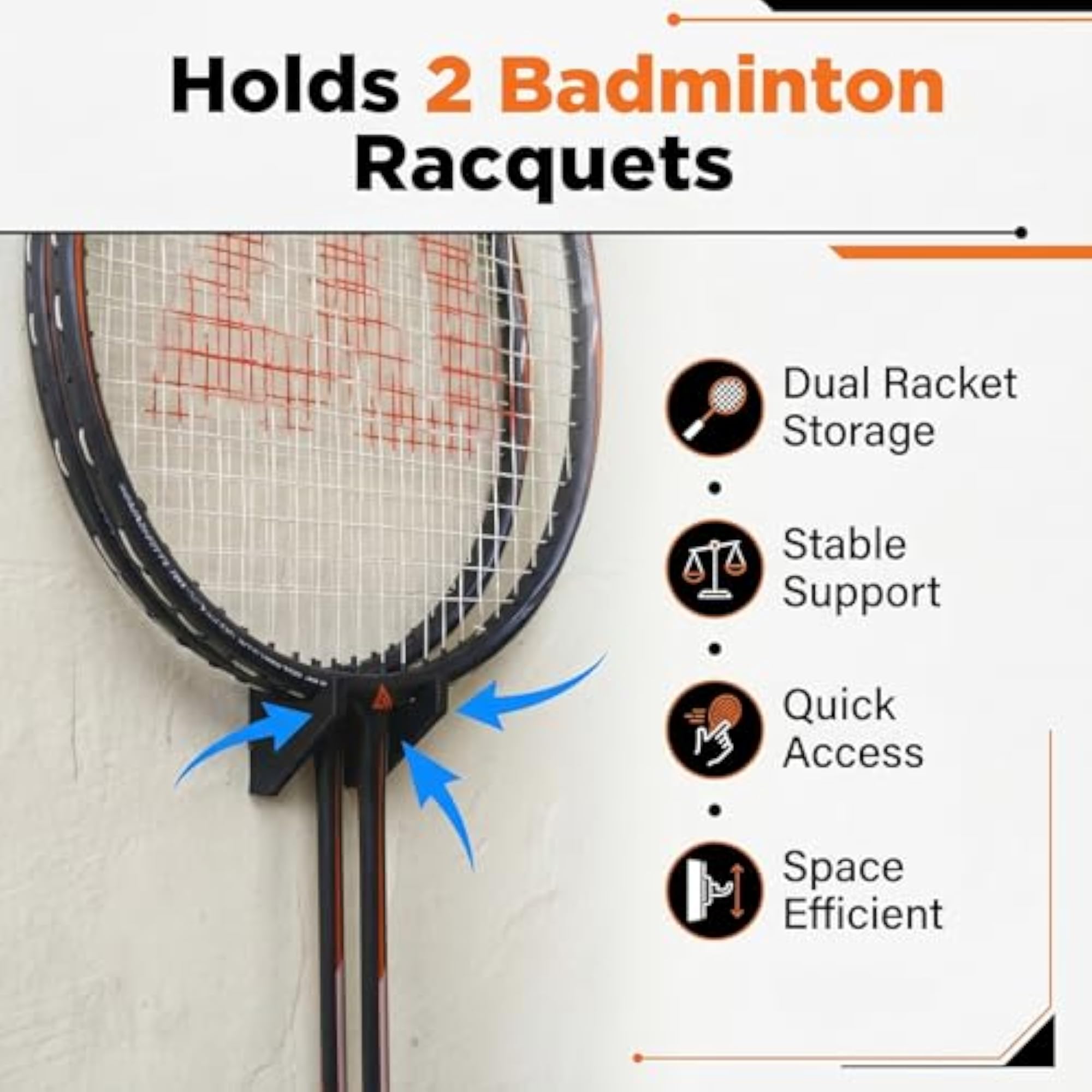 Badminton Racket Wall Mount Holder for 2 Racquets