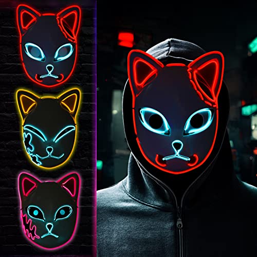 Varuotu Demon Slayers Mask LED 3Pcs Japanese Fox Mask Anime Merch Glowing Masks Halloween Costume Cosplay Masquerade Props (3Pcs Glowing Fox Mask)