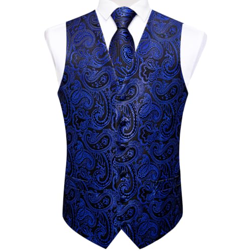 Image of DiBanGu Mens Vest and Tie Set Formal Paisley Waistcoat and Necktie Pocket Square Cufflinks Silk Suit Vest for Tuxedo Wedding
