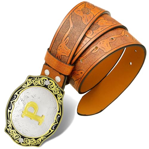 Ceinture de cowboy en cuir marron RechicGu avec grande boucle initiale ciselée