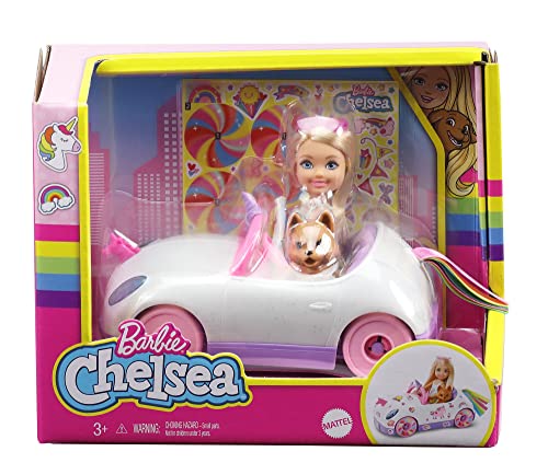 Barbie Club Chelsea Doll (6-Inch Blonde) with Open-Top Rainbow Unicorn-Themed Car, Pet Puppy, Sticker Sheet… - Image 7