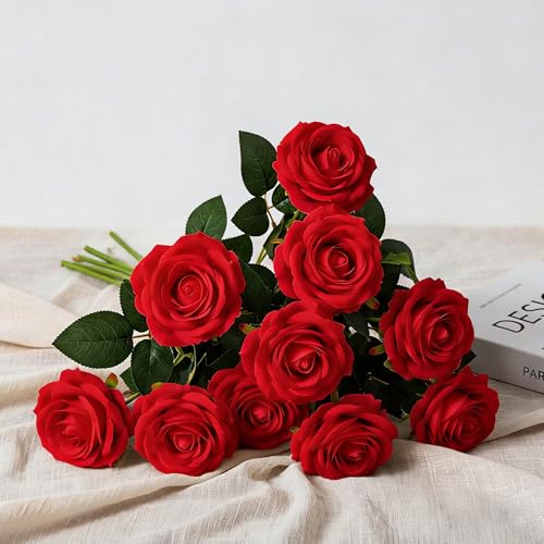 造花 バラ 10本セット シルクフラワー 花束 フェイクフラワー おしゃれ 母の日 結婚式 誕生日 入学式 装飾用 花径7cm*長さ50cm ホワイト (レッド)