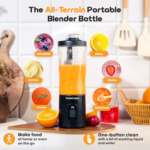 Image of InstaCuppa Portable Blender Bottle, Long Lasting 6000 mAh Battery with Fast Charging, LED Display for Battery Status & 40-Second Blend Timer, Sipper Lid & Detachable Bottom Cap, 230 Watts, 600 ML