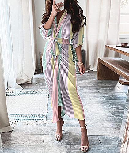 Image of FYEARFOX Women's Button Down Shirt Dress Ruched Split Maxi Dresses Long Sleeve Wrap V Neck Tie Waist Party Clubwear