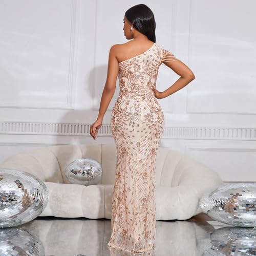 Image of Cololura Women Sequin Elegant Sexy One Shoulder Tassel Mermaid Bodycon Cocktail Evening Dress