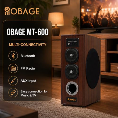 Image of OBAGE MT-600 Single Tower Speaker | 80W Output, 6.5 inch Woofer, Bluetooth, FM & AUX, Clear Sound with Balanced Bass, For Music, TV & Everyday Entertainment