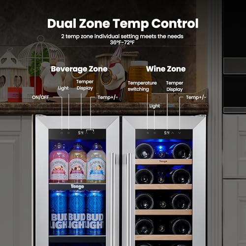 Image of Yeego Wine and Beverage Refrigerator - 24 Inch Dual Zone Wine Fridge 60 Can & 20 Bottle, 36-72F Cooler Built in Under Counter Fridge with Glass Door for Beer Soda Drink Home Bar Office