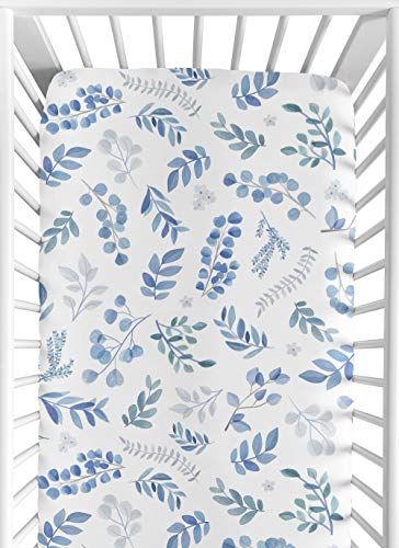 Image of Sweet Jojo Designs Floral Leaf Boy or Girl Fitted Crib Sheet Baby or Toddler Bed Nursery - Blue Grey and White Boho Watercolor Botanical Flower Woodland Tropical Garden