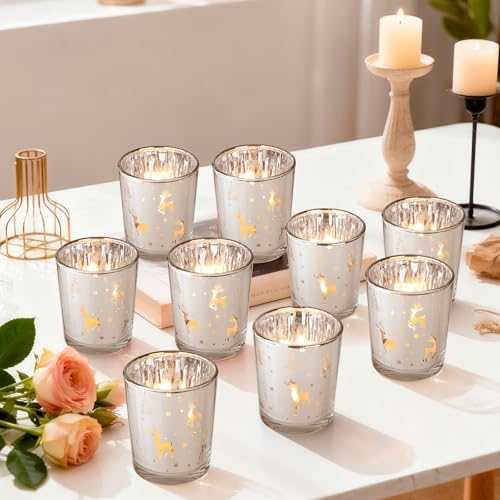 YBCPACK 12er Set Teelichthalter Weihnachten, Silberne Windlichter aus Glas mit REH-Motiv, Teelichtgläser für Weihnachtsdeko, Advent & Tischdeko – Kerzenhalter für Teelichter