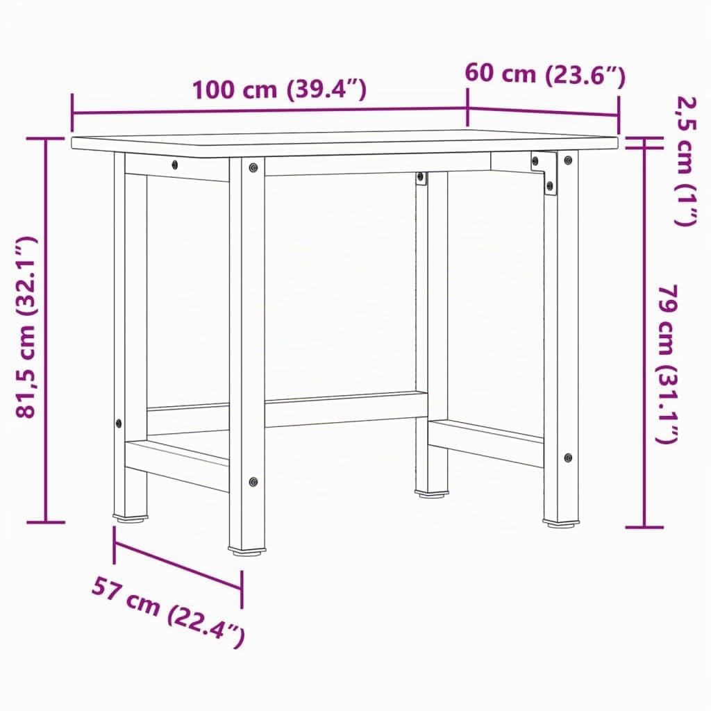 vidaXL Banco Lavoro 100x60x81,5 cm Legno Massello Faggio Rettangolare, tavolo da lavoro, postazione da lavoro, banco da lavoro in metallo